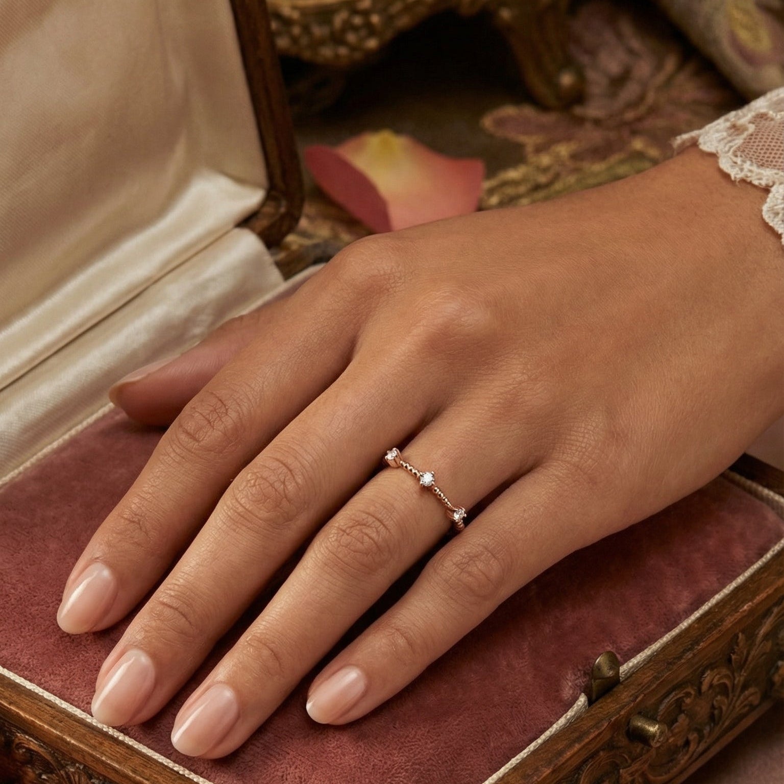 Mini Chic Rose. Minimalist Gold Ring with Diamond